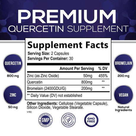 Quercetin - 1050Mg Supplement with Bromelain, Zinc & Bioflavonoids, Immune Health Support, Extra Strength Quercetin & Bromelain 1000Mg - Non-Gmo, Vegan & Gluten Free - 30 Servings, 60 Veggie Capsules