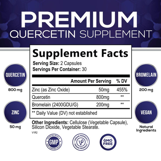 Quercetin - 1050Mg Supplement with Bromelain, Zinc & Bioflavonoids, Immune Health Support, Extra Strength Quercetin & Bromelain 1000Mg - Non-Gmo, Vegan & Gluten Free - 30 Servings, 60 Veggie Capsules