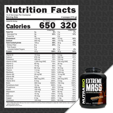 Nutrabio Extreme Mass - 53G Protein - Advanced Anabolic Muscle Mass Gainer Protein - High Calorie - Full Spectrum Amino Acid - Chocolate, 6 Pound