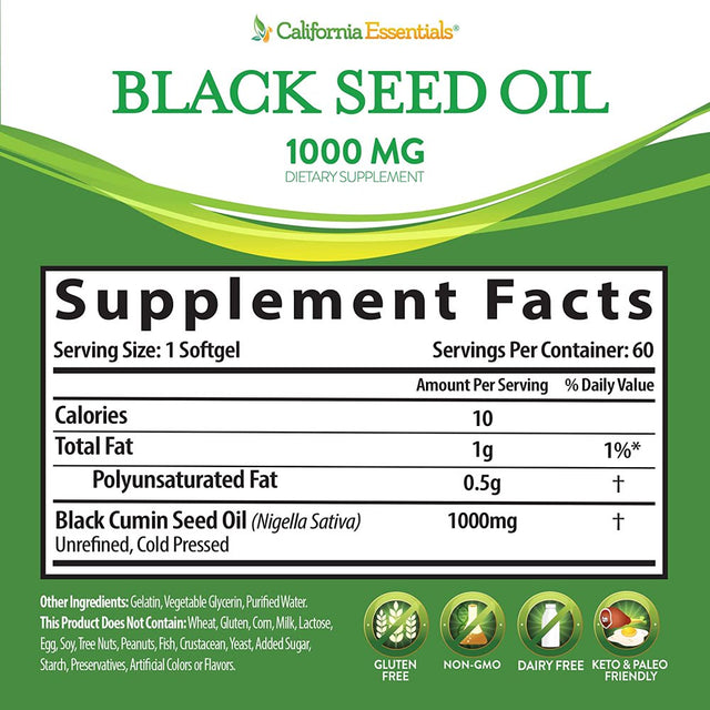 California Essentials Black Seed Oil Capsules 1000Mg, Hair Growth Vitamins and Immune Support Supplement, 60 Softgels