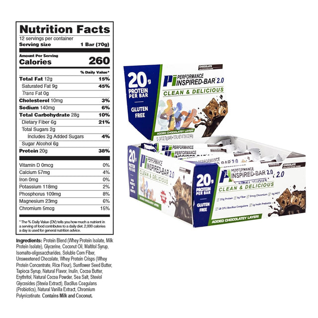 Performance Inspired Nutrition - Protein Bar 2.0 – Contains: 20G Protein - 6G Fiber - 4G Mcts - 1 Billion CFU Probiotics – 1G Prebiotics - G Free – BIG 70G Bar - Chocolate 12-Ct. Box