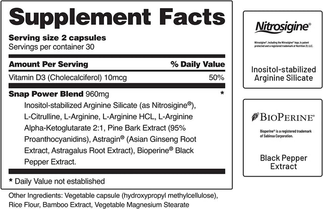 Snap L Arginine Capsules - Blood Circulation Supplements with Nitrosigine & L Citrulline for Natural Energy, Increase Blood Flow & Muscle Growth, Herbs for Cardio Health (60 Capsules)