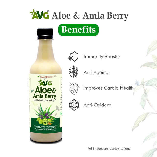 AVG Health Organics Aloe & Amla Berry, Aloevera & Amla Juice with Ashwagandha, Immunity Booster, Natural Detox, Sugar Free, 500ML | Pack of 2