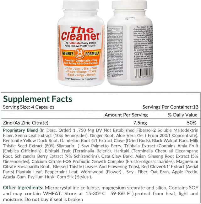 Century Systems the Cleaner Detox, Powerful 14-Day Complete Internal Cleansing Formula for Women, Support Digestive Health, 104 Vegetarian Capsules