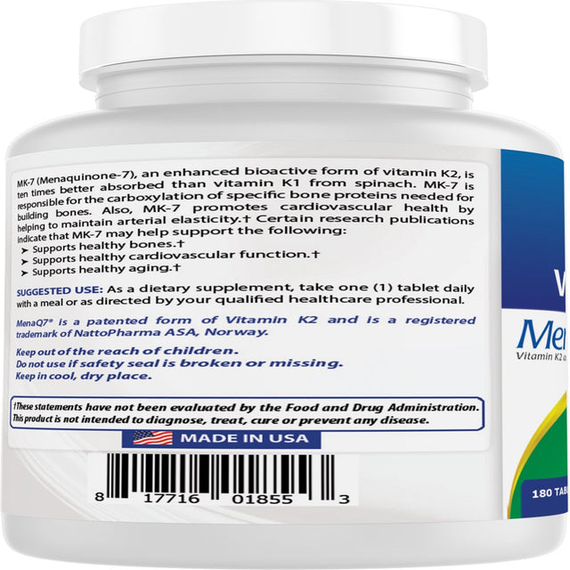 Best Naturals Vitamin D3 with K2 (MK7) 5000 IU Vitamin D3 & 100 Mcg Vitamin K2 MK7, 180 Tablets | Supports Supplement Bone and Heart Health