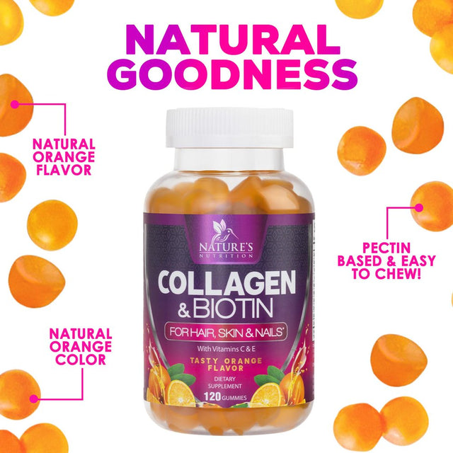 Collagen & Biotin Hair Vitamin Gummies - Extra Strength for Healthy Hair, Skin & Nails Growth Support - Collagen Peptides Gummy Supplement with Vitamins C & E - Orange Flavored, Non-Gmo - 120 Count