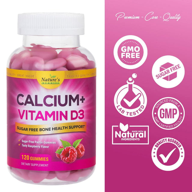 Sugar Free Calcium Gummy Bites plus 400 IU Vitamin D3, Bone Health & Immune Support, Supports Bone Strength - Chewable Calcium Nutrition Supplement, Non-Gmo, Berry Flavor Chews - 120 Gummies