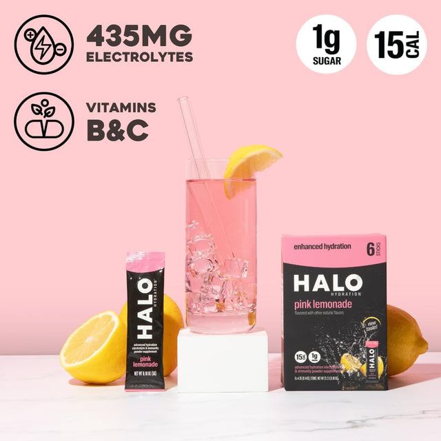 HALO Hydration Electrolyte Powder Packets – Pink Lemonade - 6 Servings (5G Each) - Organic Hydration Drink with Low Sugar + Essential Vitamins + Minerals - Vegan - Immunity Booster