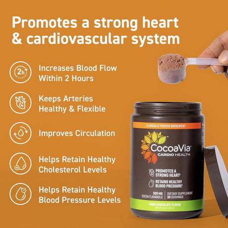 Cocoavia Cardio Health Cocoa Powder, 30 Servings, 500Mg Cocoa Flavanols, Support Heart Health, Boost Nitric Oxide, Improve Circulation, Energy, Preworkout, Vegan, Dark Chocolate Cacao