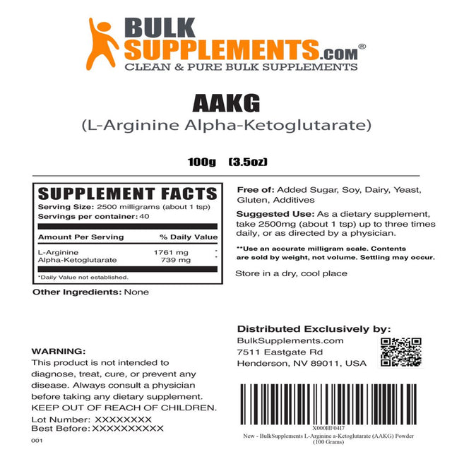 Bulksupplements.Com L-Arginine A-Ketoglutarate Powder, 2500Mg - Workout Powder (100 Grams)