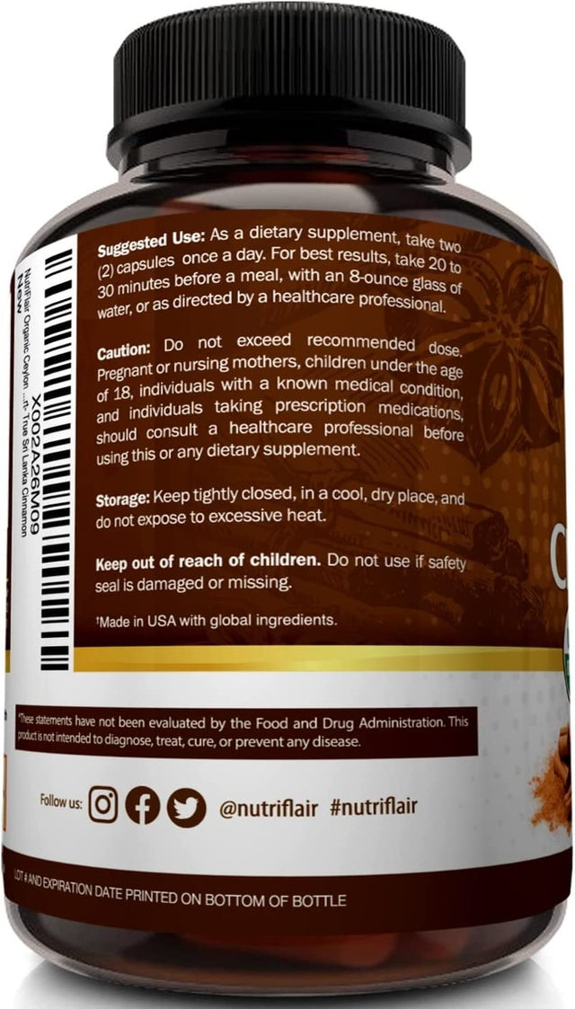 Nutriflair Organic Ceylon Cinnamon Supplement 1200Mg, 180 Capsules - USDA Certified Organic Cinnamon - Non-Gmo, Gluten Free Cinnamon Powder, Antioxidant Cinnamon Pills - Supports Glucose Metabolism