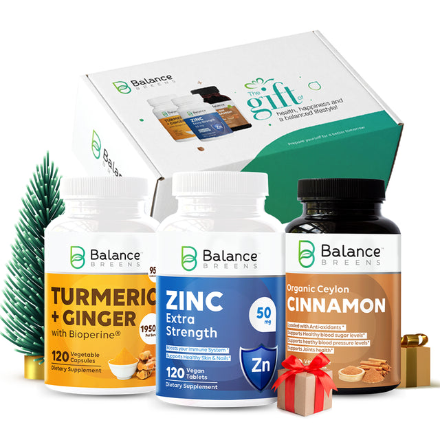 Balance Breens Immunity Booster Supplement Gift Pack for Any Occasion Birthday ! Anniversary ! (Zinc Gluconate 50Mg + Turmeric Ginger with Bioperine + USDA Certified Ceylon Cinnamon 1200 Mg