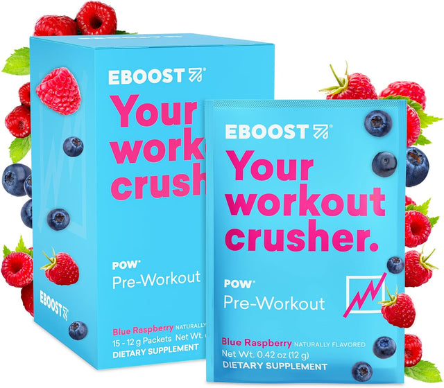 EBOOST POW Natural Pre Workout Powder – 15 Packets - Blue Raspberry - a Pre Workout Supplement for Performance, Joint Mobility Support, Energy, Focus - Men & Women - Non-Gmo, Gluten-Free, No Creatine