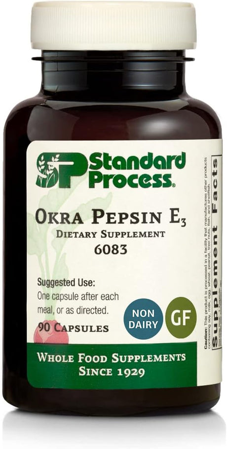 Standard Process Okra Pepsin E3 - Whole Food Digestion and Digestive Health, Cholesterol, Bowel and Bowel Cleanse with Pepsin, Alfalfa, Spanish Moss, Buckwheat and Okra - Gluten Free - 90 Capsules