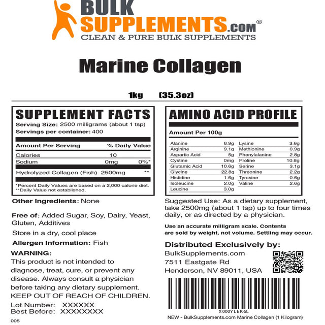 Bulksupplements.Com Hydrolyzed Fish Collagen Powder, Collagen Peptide Powder for Keto Diet and Hair Growth (5 Kilograms - 11 Lbs)