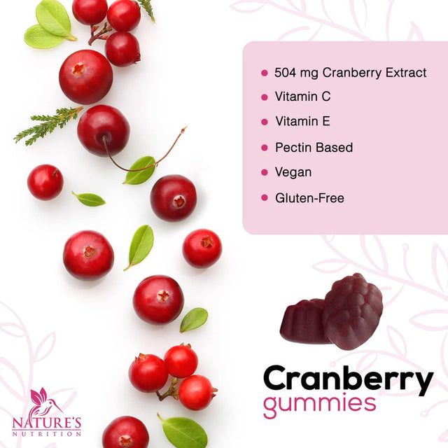 Nature'S Nutrition Cranberry Urinary Tract Health Gummies + Vitamin C - 25,000Mg - Triple Strength Cranberry Concentrate Extract Supplement Pills, Ultimate Potency, Non-Gmo, Gluten Free - 60 Gummies