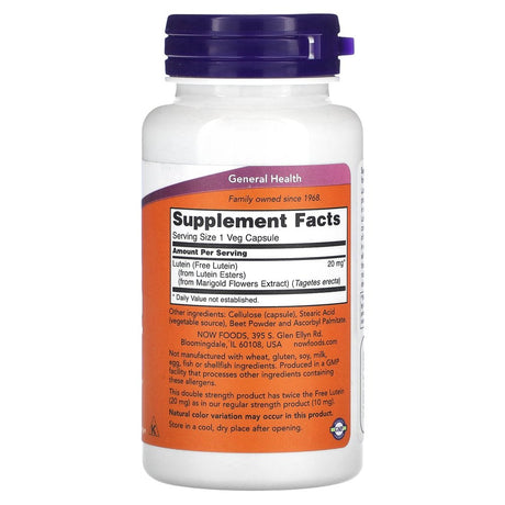 NOW Supplements, Lutein 20 Mg with 20 Mg of Free Lutein from Lutein Esters, 90 Veg Capsules