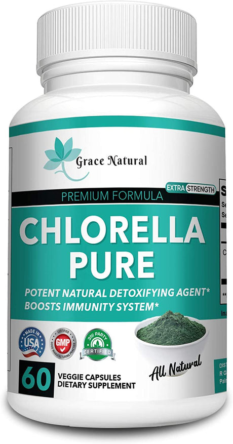 Chlorella Pure Extra Strength Supplement Pure Vegan Powder Capsules, Supports Blood Sugar Levels Blood Pressure and Liver Function in the Normal Range, Antibiotic and Gluten Free, Non-Gmo-Made in USA