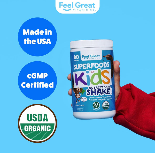 Feel Great USDA Organic Kids Protein Shake | Kids Protein Powder with Greens, Vitamins, Probiotics & Antioxidants | Vegan Chocolate Kids Nutritional Shake & Smoothie Mix | 60 Servings