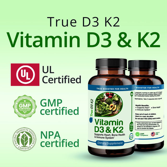 Truemed Vitamin D3 K2 5000 IU 125 Mcg Vitamin D, MK7 Vitamin K2 Supplements for Bone Heart Health 120 Veggie Capsules