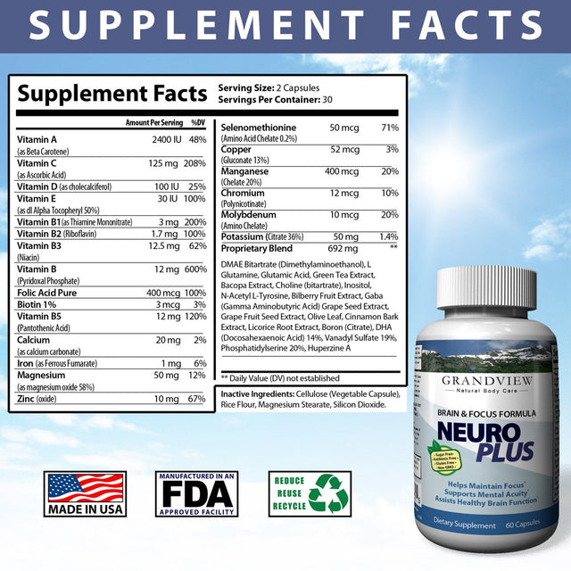 Neuroplus Brain Booster - Supports Mental Alertness, Memory, Focus, and Concentration