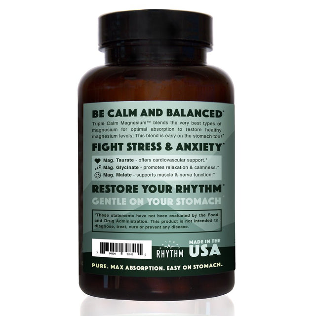 Natural Rhythm Triple Calm Magnesium - 150Mg of Magnesium Taurate, Glycinate, and Malate for Optimal Relaxation, Stress and Anxiety Relief, and Improved Sleep. 120 Capsules