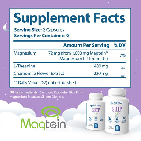 Clinical Effects Sleep - Magnesium Supplement with Magtein - 90 Capsules - L-Theanine, Chamomile Flower Extract, Magnesium for Deep and Peaceful Rest, Sleep Faster