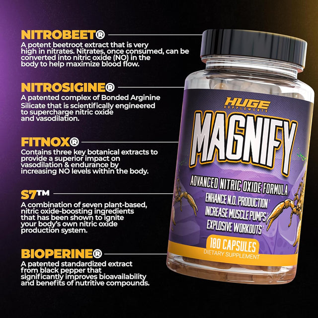 Huge Supplements Magnify, Pump Pills & Nitric Oxide Supplement, Scientifically Based Ingredients for Intense Muscle Pumps, Increase Vasodilation & Explosive Workouts (180 Capsules)