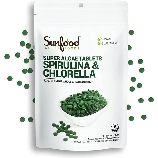 Sunfood Superfoods 2-In-1 Spirulina & Chlorella Tablets for Immune Support, 4 Oz