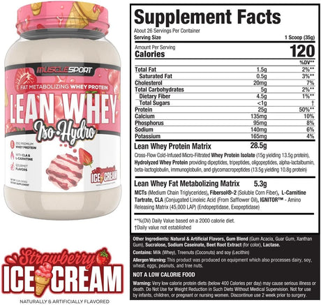 Musclesport Lean Whey Revolution™ Protein Powder - Whey Protein Isolate - Low Calorie, Low Carb, Low Fat, Incredible Flavors - 25G Protein per Scoop (2LB, Strawberry)