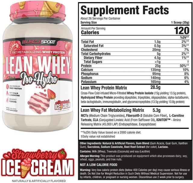 Musclesport Lean Whey Revolution™ Protein Powder - Whey Protein Isolate - Low Calorie, Low Carb, Low Fat, Incredible Flavors - 25G Protein per Scoop (2LB, Strawberry)