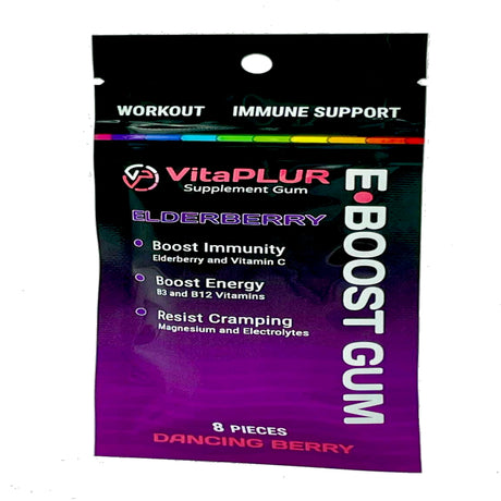 Vitaplur E-BOOST Magnesium & Elderberry Supplement Gum with B & C Vitamins, Dancing Berry Flavor, 8 Pieces