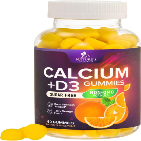 Sugar Free Calcium Gummy Bites plus 400 IU Vitamin D3, Bone Health & Immune Support, Supports Bone Strength - Chewable Calcium Nutrition Supplement, Non-Gmo, Berry Flavor Chews - 60 Gummies