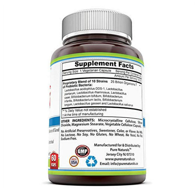 Pure Naturals Probiotic 25 Billion Veggie Capsules 60 Veggie Capsules- Restores the Natural Balance of Good Bacteria* Promotes Healthy Intestinal Flora* Supports Digestive Health*