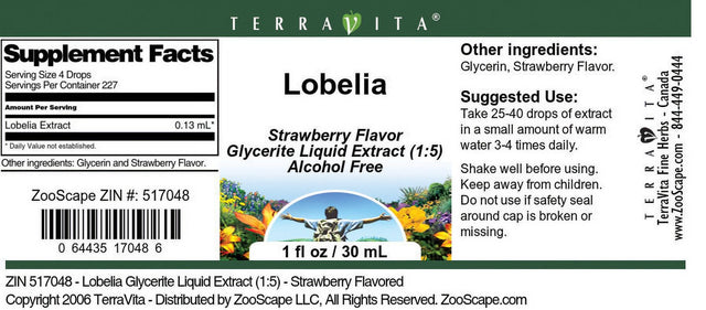 Terravita Lobelia Glycerite Liquid Extract (1:5) - Strawberry Flavored, (Strawberry, 1 Oz, 1-Pack, Zin: 517048)