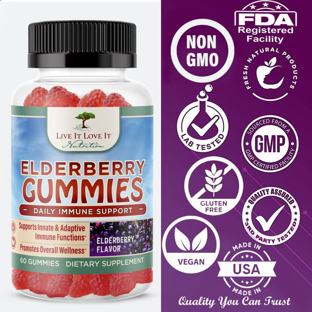 Live It Love It Elderberry Gummies, Elderberry Flavor 60 Gummy for Immune Support & Overall Wellness