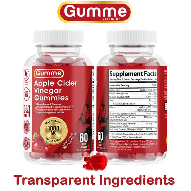 Gumme Apple Cider Vinegar Gummies Weight Management ACV Gummy Appetite Suppressant Beetroot Chewable, No Pills Capsules, Diet Supplement Women Men Detox Cleanse 60 Count