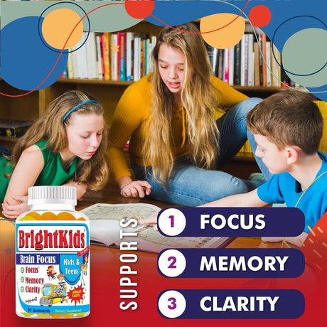 Brightkids Brain Focus Supplement for Kids, Focus for Kids, Brain Focus Gummies for Children, Memory Supplements Lemon & Orange Flavored 60 Gummies