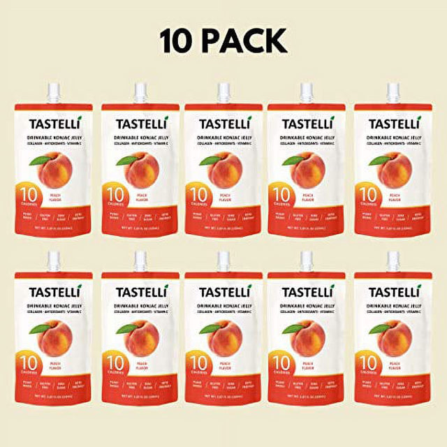 TASTELLI KONJAC Jelly: 10 Calories, Zero Sugar, Enhanced Collagen + Vitamin C + Antioxidants, Perfect for Weight Management and Satisfying Cravings with a Health Boost (Peach) - 150Ml X 10 Pouches