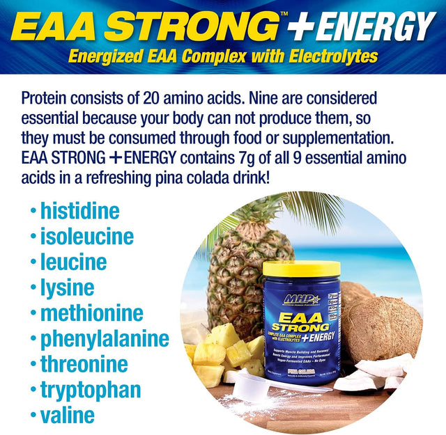 EAA Strong + Energy, Essential Amino Acid Supplement, All 9 Eaas, Bcaas, Electrolytes, Coconut Water, Pre-Workout Enhances Muscle Building, Performance, Recovery, Caffeine, Pina Colada, 30 Servings