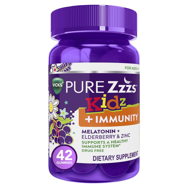 Vicks Pure Zzzs Kidz + Immunity Sleep Aids, 0.5Mg Melatonin Gummies, 42 Ct Sleep Support Supplement