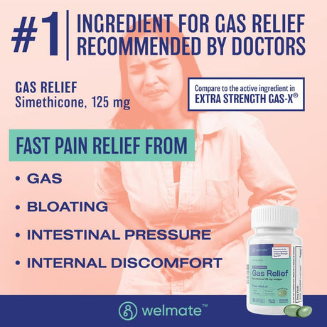 Welmate Simethicone 125 Mg - Extra Strength Gas Relief - IBS & Bloating Support - 365 Count Softgels