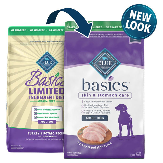 Blue Buffalo Basics Skin & Stomach Care Turkey and Potato Dry Dog Food for Adult Dogs, Grain-Free, 24 Lb. Bag