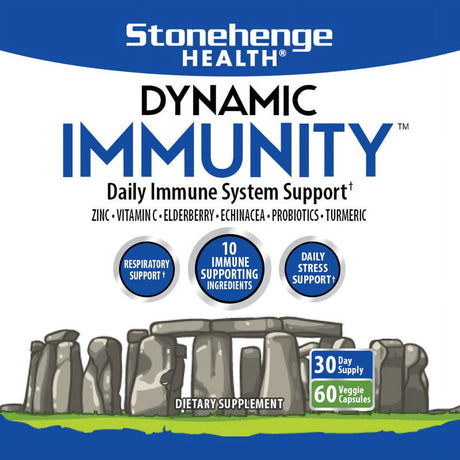 Stonehenge Health Dynamic Immunity Daily Supplement 10-In-1 Immune System Boosters Zinc, Elderberry, Echinacea, Vitamin C & Probiotic L. Acidophilus, 60 Capsules