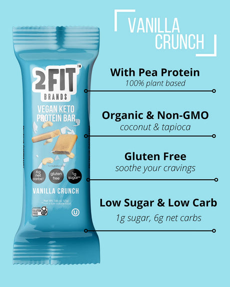 2FIT BRANDS Protein Bar Vanilla Crunch | Vegan, Gluten Free, Plant Based, High Protein Snack, Low Sugar, Low Carb, High Fiber, No Sugar Alcohols | 1.65 Oz Bars, 12 Count