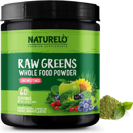 NATURELO Raw Greens Superfood Powder - Unsweetened - Boost Energy, Detox, Enhance Health - Organic Spirulina - Wheat Grass - Whole Food Nutrition from Fruits & Vegetables - 60 Servings