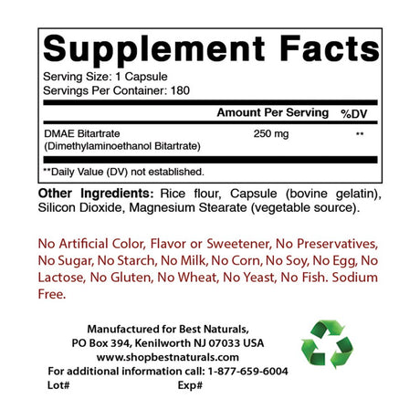 Best Naturals DMAE Supplement 250 Mg 180 Capsules | Dimethylaminoethanol Bitartrate