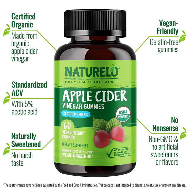 NATURELO Apple Cider Vinegar Gummies for Weight Management, Certified Organic, Vegan - 60 Gummies