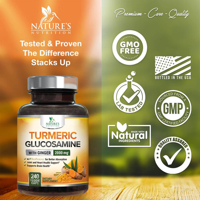 Turmeric Curcumin with Bioperine, Ginger & Glucosamine 95% Curcuminoids 2000Mg - Black Pepper for Max Absorption, Joint Support, Nature'S Tumeric Extract Supplement, Non-Gmo - 240 Capsules