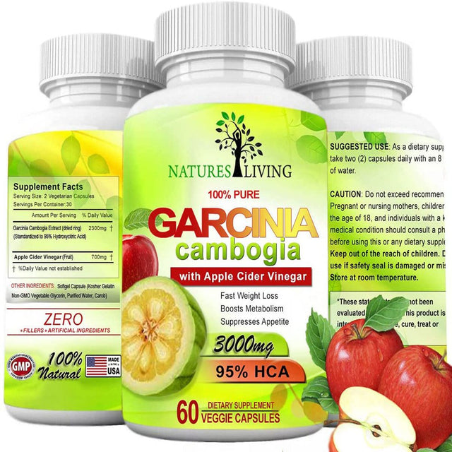 Garcinia Cambogia 95% HCA & Apple Cider Vinegar 3000Mg (Pack of 3) Herbal Weight Loss Supplement by Natures Living